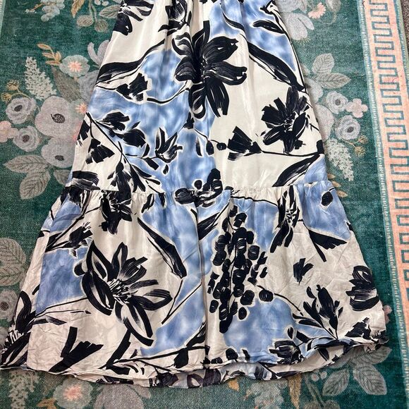 BCBGMAXAZRIA Silk Maxi Dress 6 White Blue Sleeveless Floral Abstract Ruffle Long - Picture 8 of 15